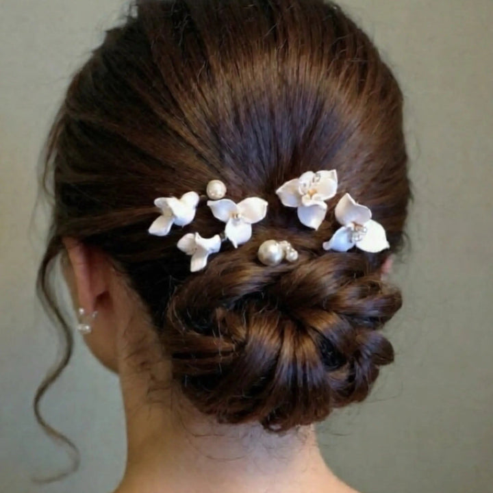 LOT DE 6 ÉPINGLES À CHEVEUX MARIÉE FLEURS ET PERLES PLAQUÉ OR HP0424 G.Westerleigh
