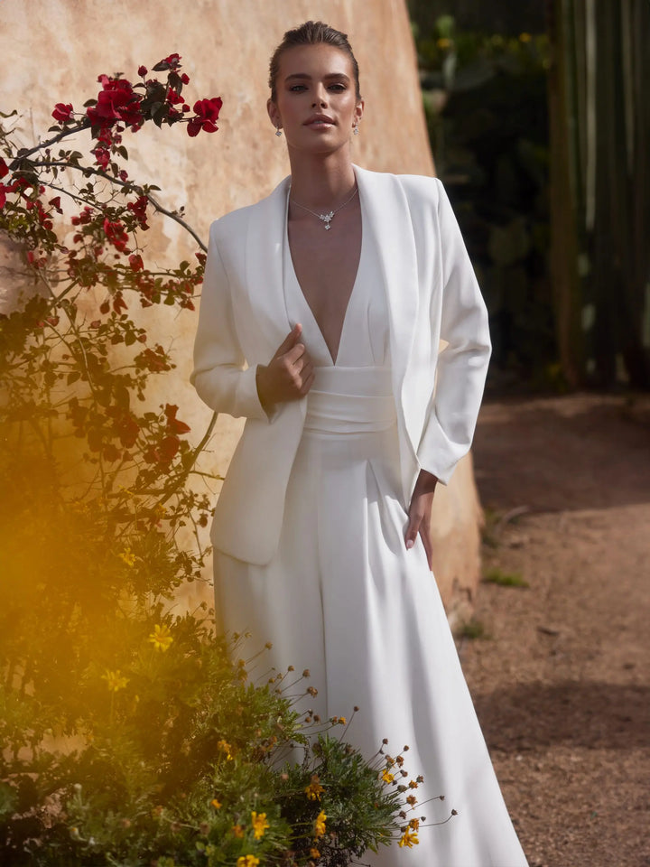PANTALON DE MARIÉE EZRA EN CRÊPE STRETCH – COUPE TRAPÈZE ÉLÉGANTE Bianco Evento
