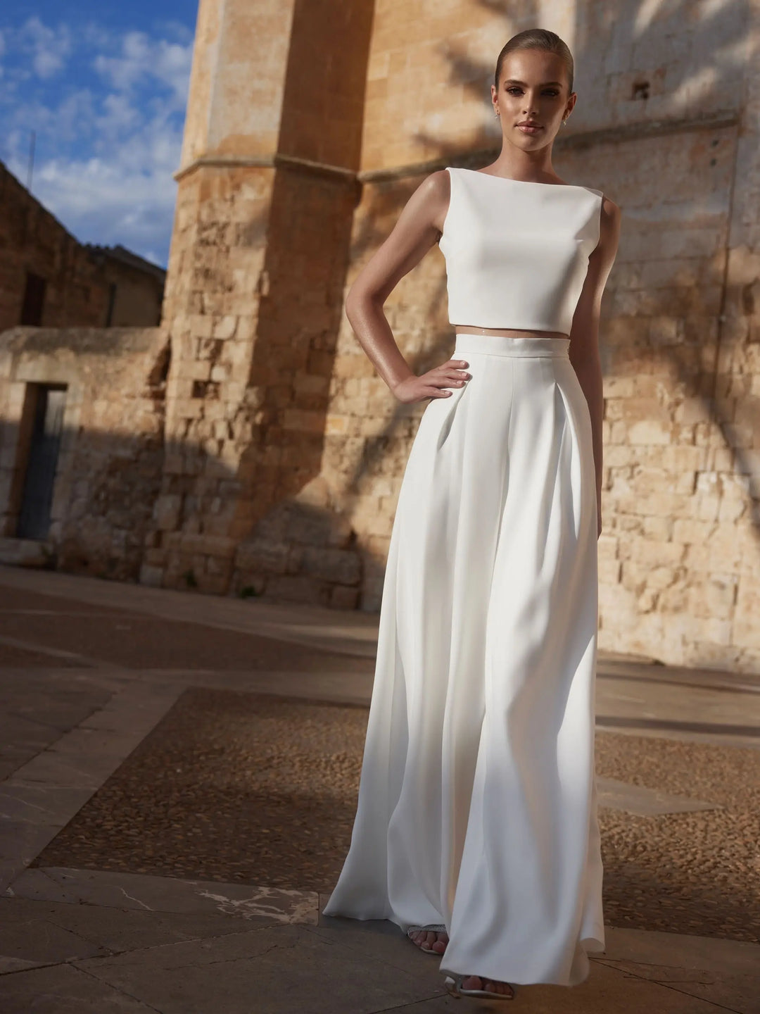 PANTALON DE MARIÉE EZRA EN CRÊPE STRETCH – COUPE TRAPÈZE ÉLÉGANTE Bianco Evento