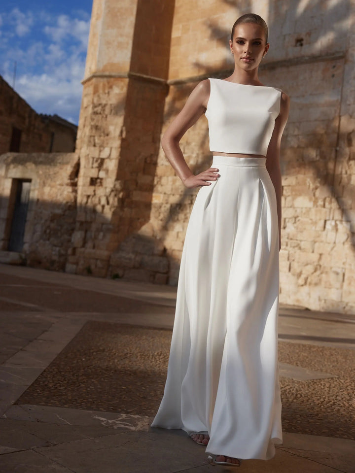 PANTALON DE MARIÉE EZRA EN CRÊPE STRETCH – COUPE TRAPÈZE ÉLÉGANTE Bianco Evento