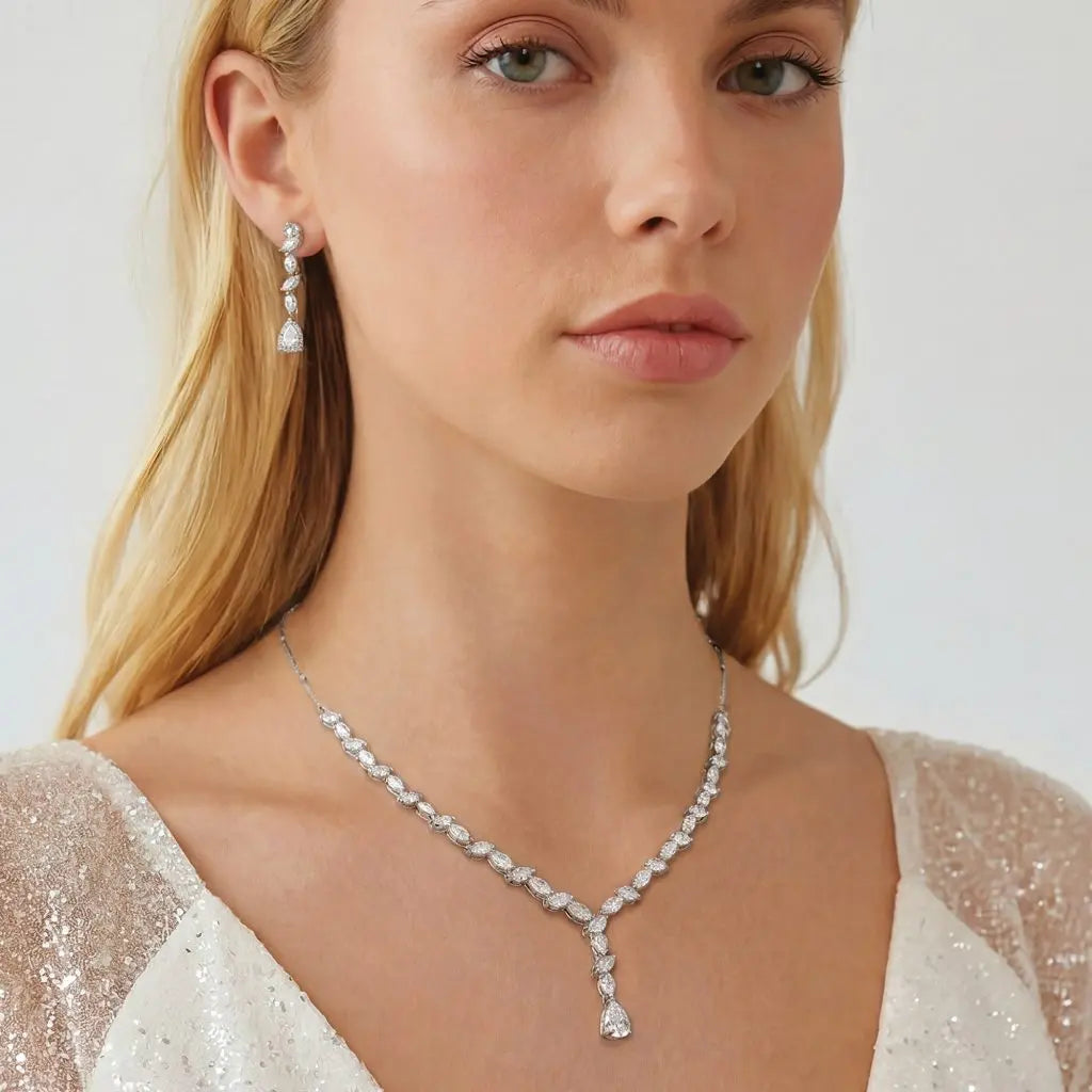 PARURE BIJOUX MARIÉE CRISTAUX MARQUISE RHODIUM – ANDORRA Ivory and co
