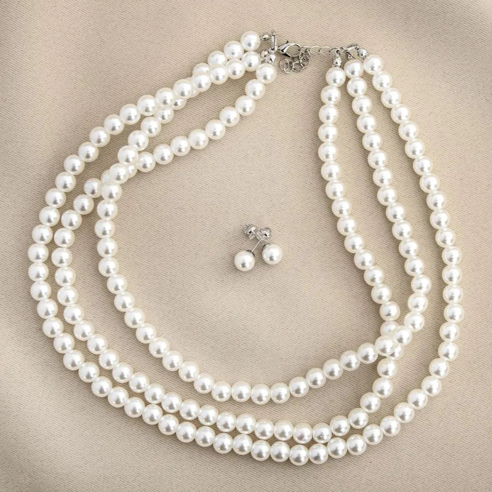 PARURE COLLIER TRIPLE RANGS DE PERLES + BOUCLES D'OREILLES NS005 G.Westerleigh