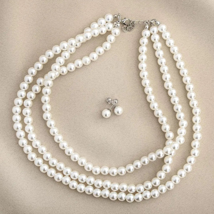 PARURE COLLIER TRIPLE RANGS DE PERLES + BOUCLES D'OREILLES NS005 G.Westerleigh