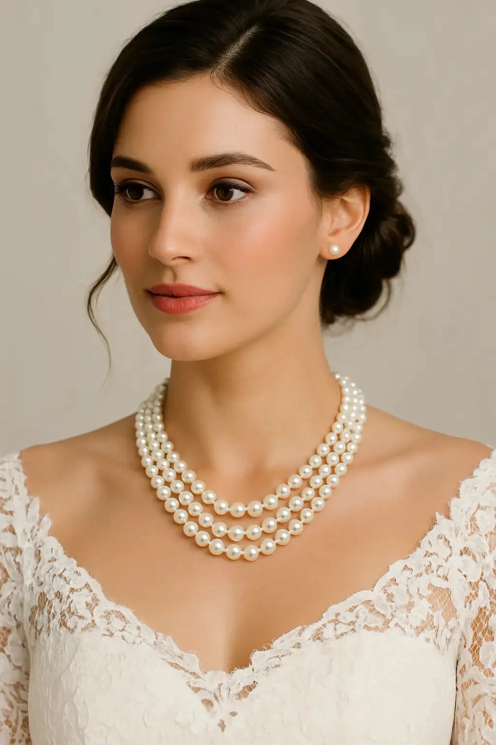 PARURE COLLIER TRIPLE RANGS DE PERLES + BOUCLES D'OREILLES NS005 G.Westerleigh