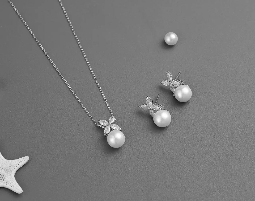 PARURE DE BIJOUX MARIÉE CRISTAUX ZIRCONIUM & PERLES – JSC35 G.Westerleigh