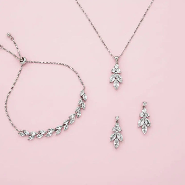 PARURE MARIÉE RHODIUM CRISTAUX COLLIER BOUCLES BRACELET — JSB210102 G.Westerleigh