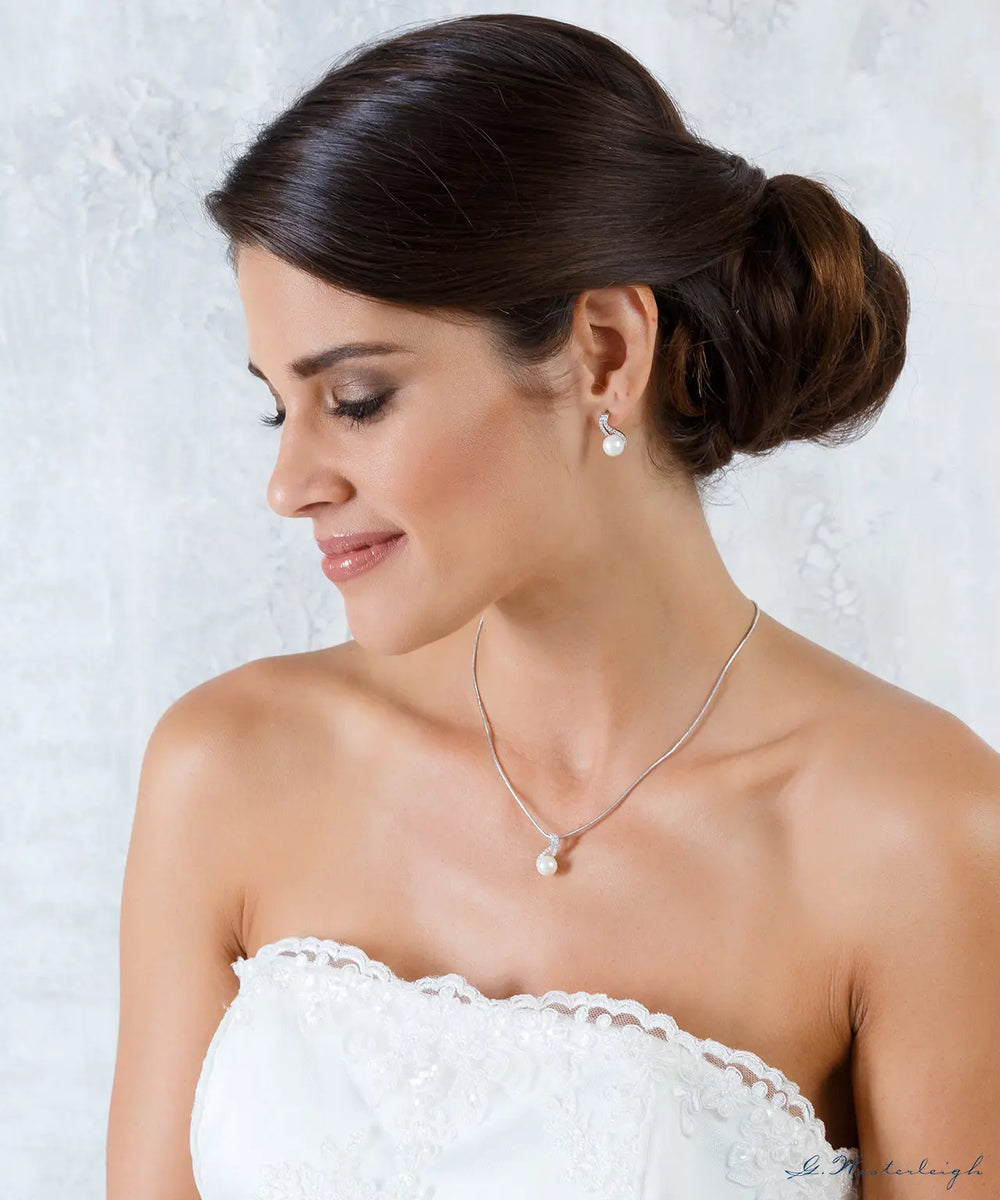 PARURE MARIÉE RHODIUM PERLES CRISTAUX COLLIER BOUCLES — EO13968 G.Westerleigh