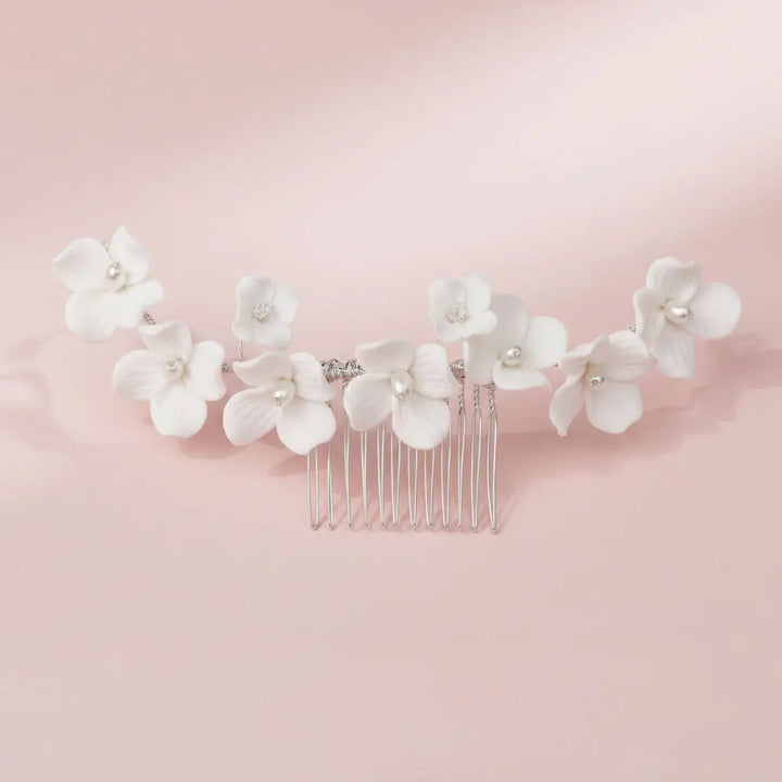 PEIGNE À CHEVEUX MARIAGE HC0408 – FLEURS CÉRAMIQUE BLANCHES ET PERLES G.Westerleigh