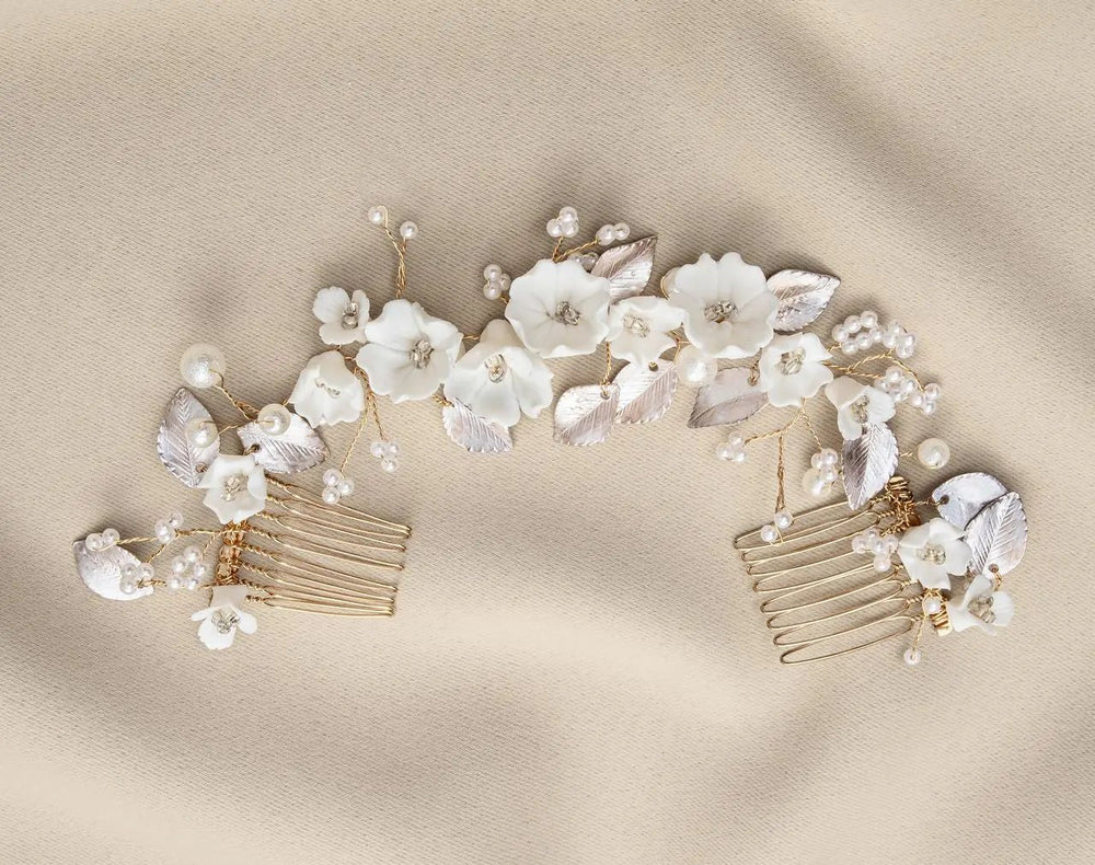 PEIGNE À CHEVEUX MARIAGE HC1114 – FLEURS CÉRAMIQUE BLANCHES ET PERLES G.Westerleigh