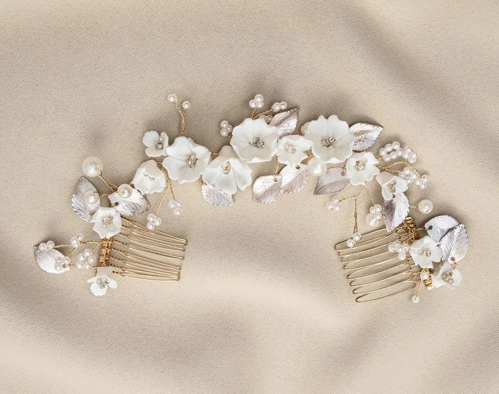 PEIGNE À CHEVEUX MARIAGE HC1114 – FLEURS CÉRAMIQUE BLANCHES ET PERLES G.Westerleigh