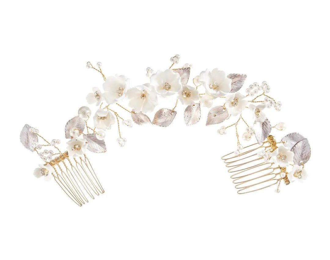 PEIGNE À CHEVEUX MARIAGE HC1114 – FLEURS CÉRAMIQUE BLANCHES ET PERLES G.Westerleigh