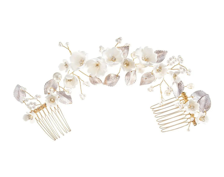 PEIGNE À CHEVEUX MARIAGE HC1114 – FLEURS CÉRAMIQUE BLANCHES ET PERLES G.Westerleigh