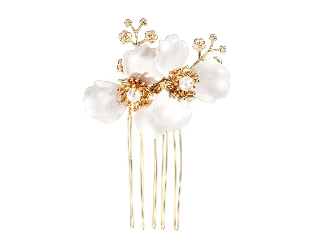 PEIGNE À CHEVEUX MARIAGE HC1250 – FLEURS EN RELIEF ET PERLES IVOIRE PLAQUÉ OR G.Westerleigh