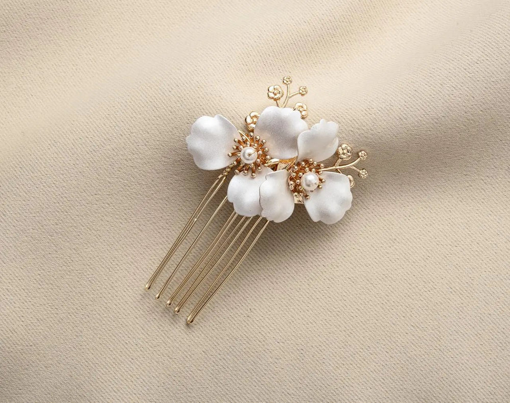 PEIGNE À CHEVEUX MARIAGE HC1250 – FLEURS EN RELIEF ET PERLES IVOIRE PLAQUÉ OR G.Westerleigh