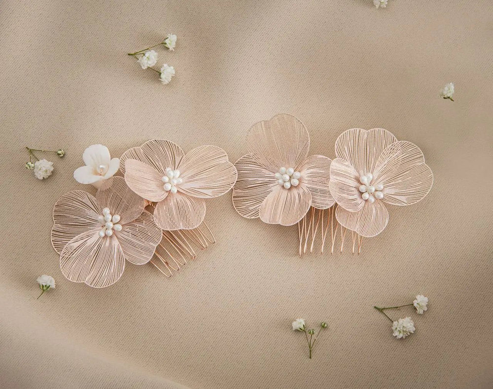PEIGNE À CHEVEUX MARIAGE OR ROSE HC0416RG – FLEURS EN RELIEF ET PERLES IVOIRE G.Westerleigh