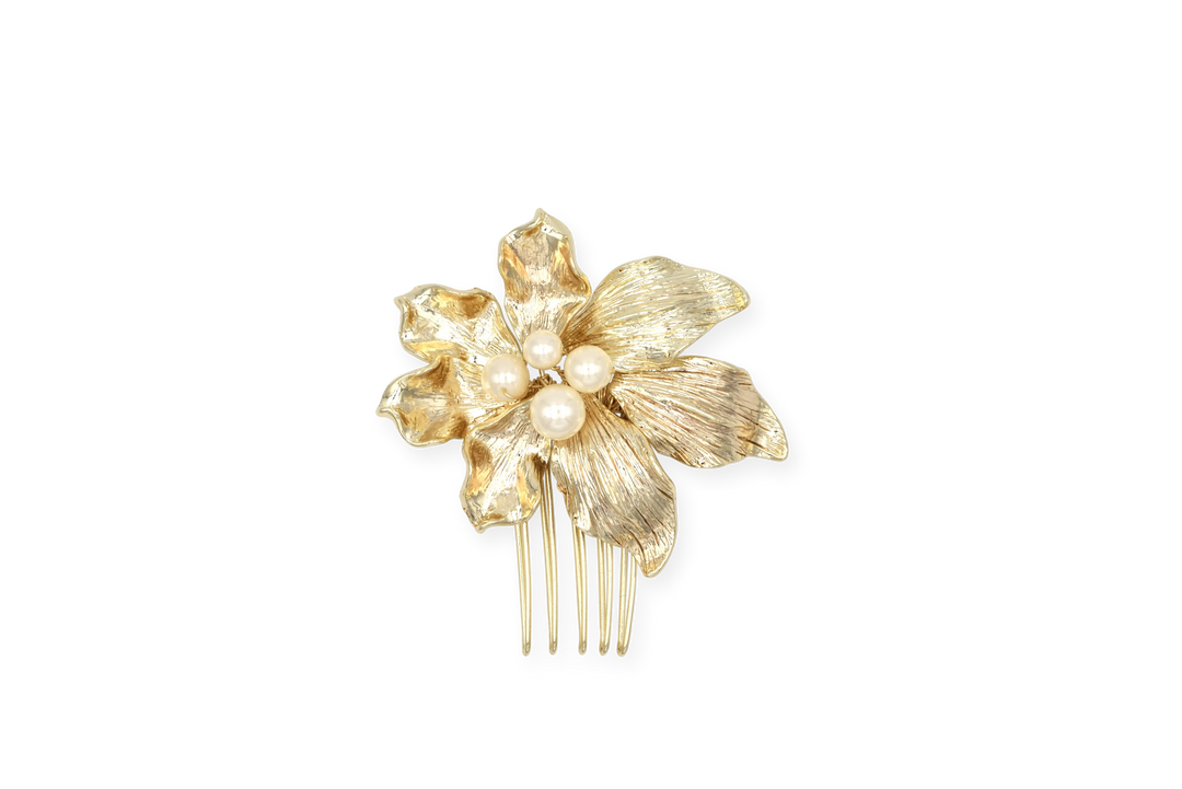 PEIGNE MARIÉE FLEUR MÉTALLISÉE & PERLES — HC226447 ÉGLANTINE CRÉATIONS