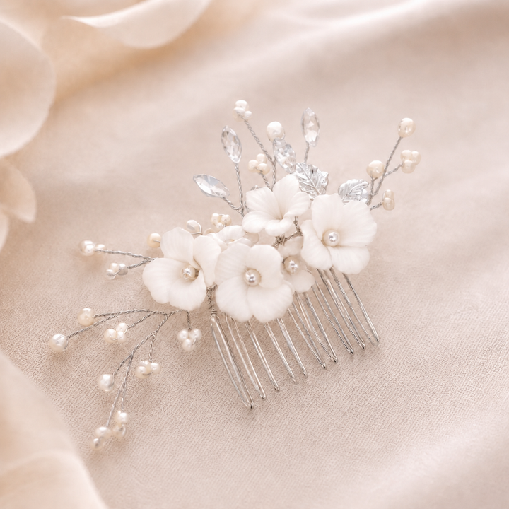 PEIGNE MARIÉE FLEURS CÉRAMIQUE ARGENT – VIOLA IVORY AND CO