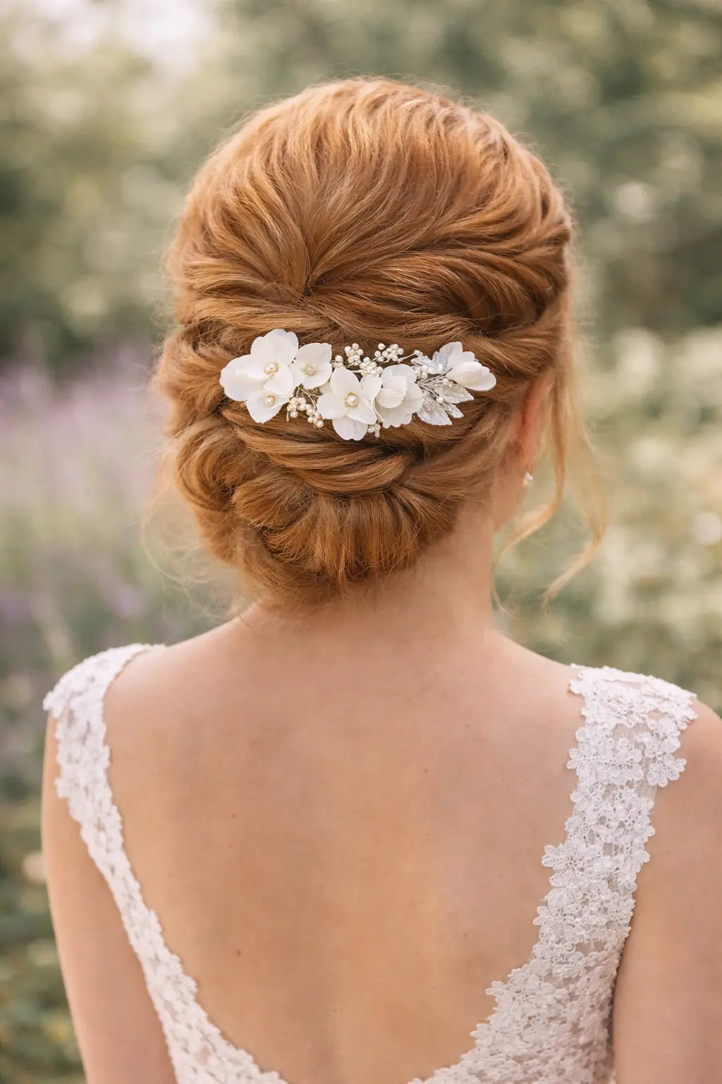 PEIGNE MARIÉE FLEURS EN TISSU & PERLES — FAIT MAIN — HC2258 ÉGLANTINE CRÉATIONS