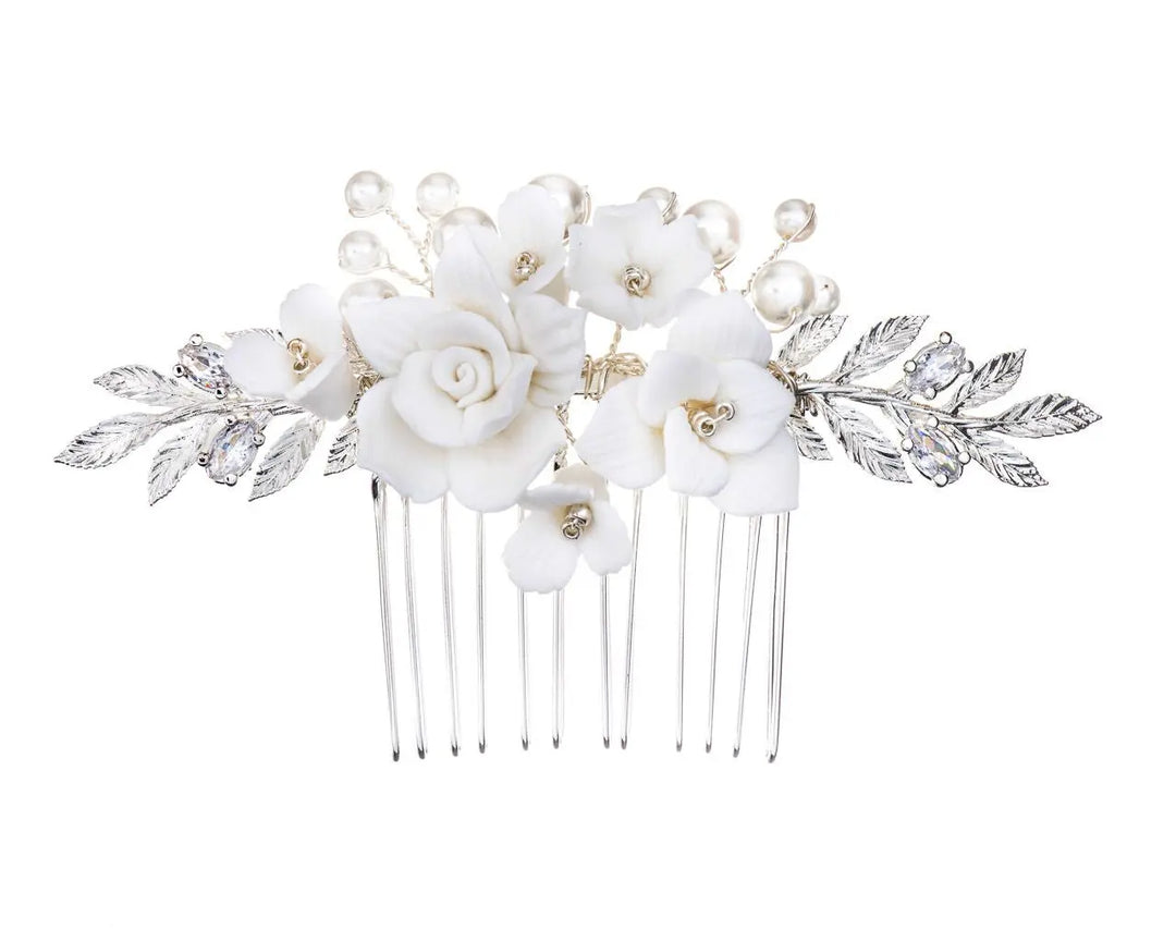 PEIGNE MARIÉE HC0429 FLEURS BLANCHES & PERLES – ARGENTÉ G.Westerleigh