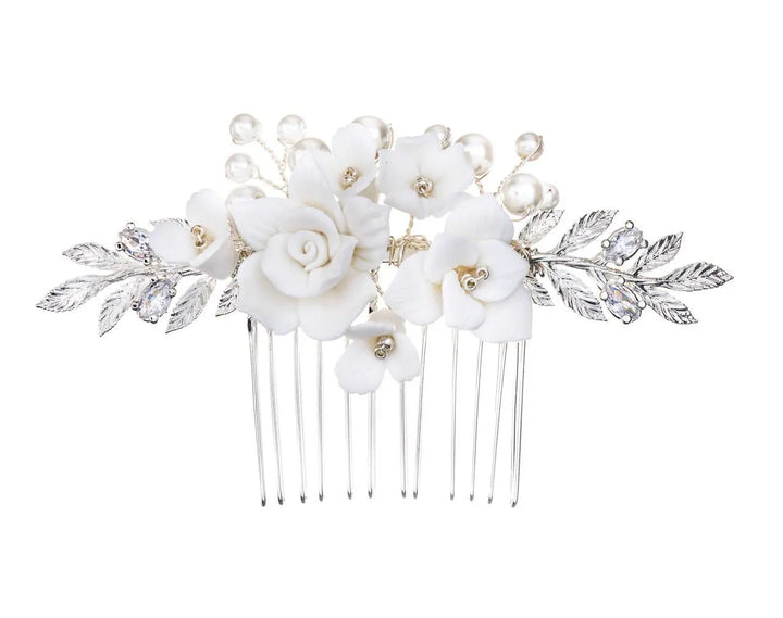 PEIGNE MARIÉE HC0429 FLEURS BLANCHES & PERLES – ARGENTÉ G.Westerleigh