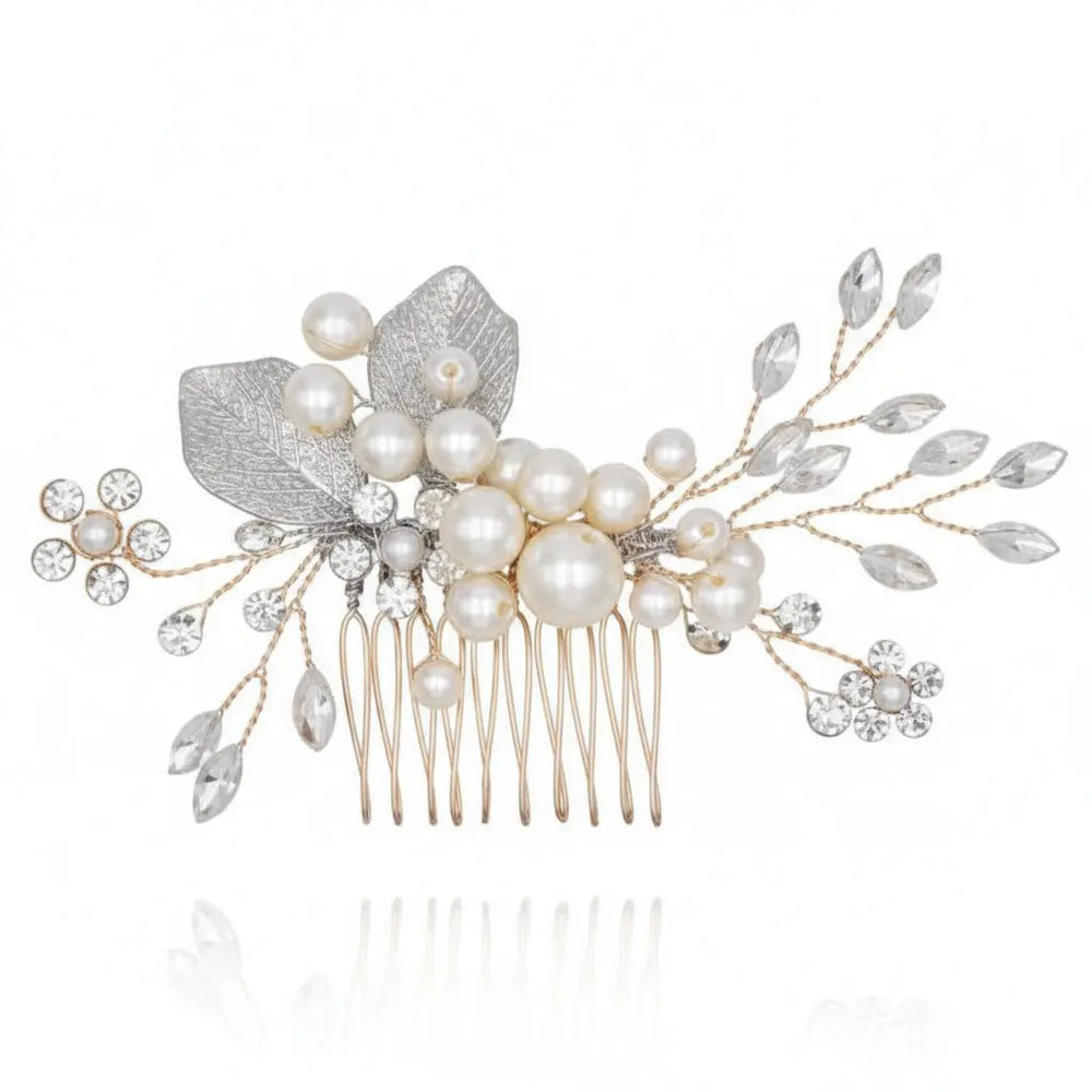 PEIGNE MARIÉE PERLES & STRASS HC625402 — FEUILLES ARGENTÉES — FAIT MAIN ÉGLANTINE CRÉATIONS