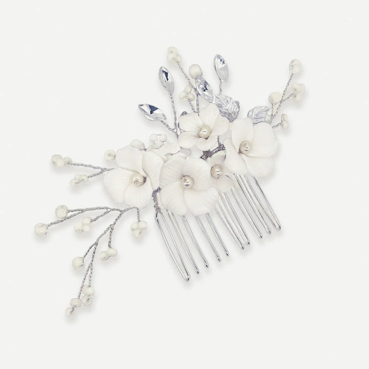 PEIGNE MARIÉE VIOLA FLEURS CÉRAMIQUE – ARGENT & PERLES IVORY AND CO
