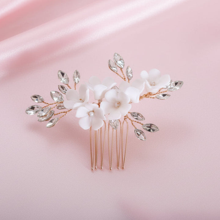 PEIGNE ROMANTIQUE MARIÉE – FLEURS EN PORCELAINE & CRISTAUX DORÉS -7858 ATHENA BRIDAL JEWELRY