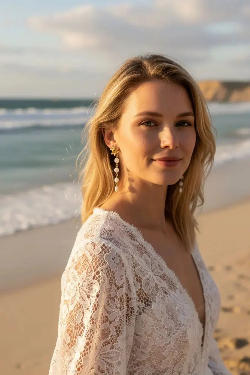 Pendantes mariée- palets et gouttes en nacre naturelle. : Doré L'atelier du 6