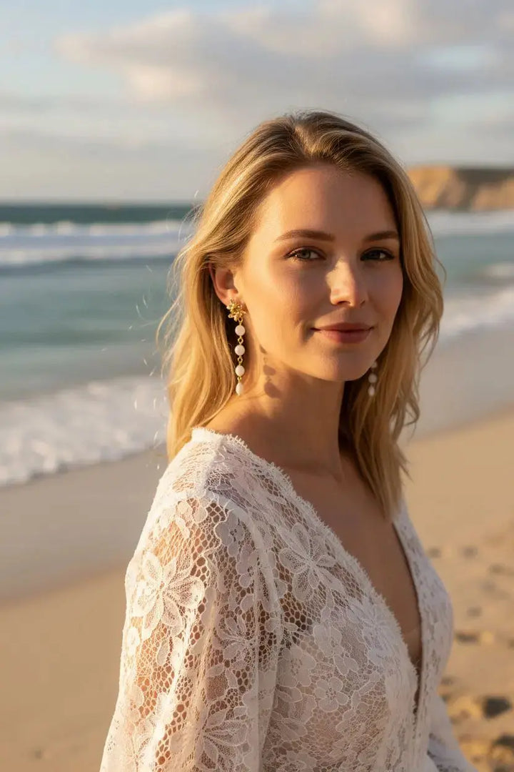 Pendantes mariée- palets et gouttes en nacre naturelle. : Doré L'atelier du 6