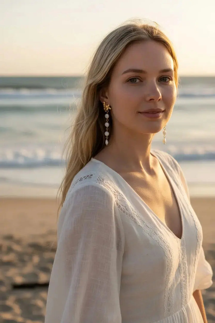 Pendantes mariée- palets et gouttes en nacre naturelle. : Doré L'atelier du 6