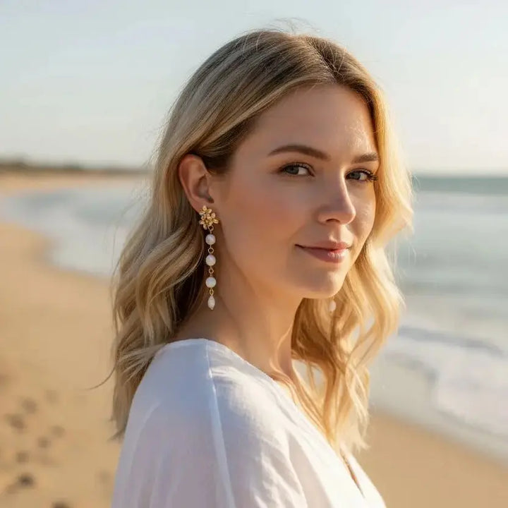 Pendantes mariée- palets et gouttes en nacre naturelle. : Doré L'atelier du 6