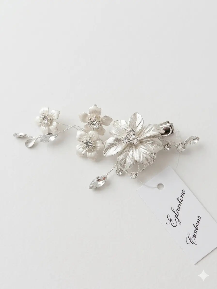 PETITE PINCE FLEURS ARGENT & CRISTAUX — HC2174 ÉGLANTINE CRÉATIONS