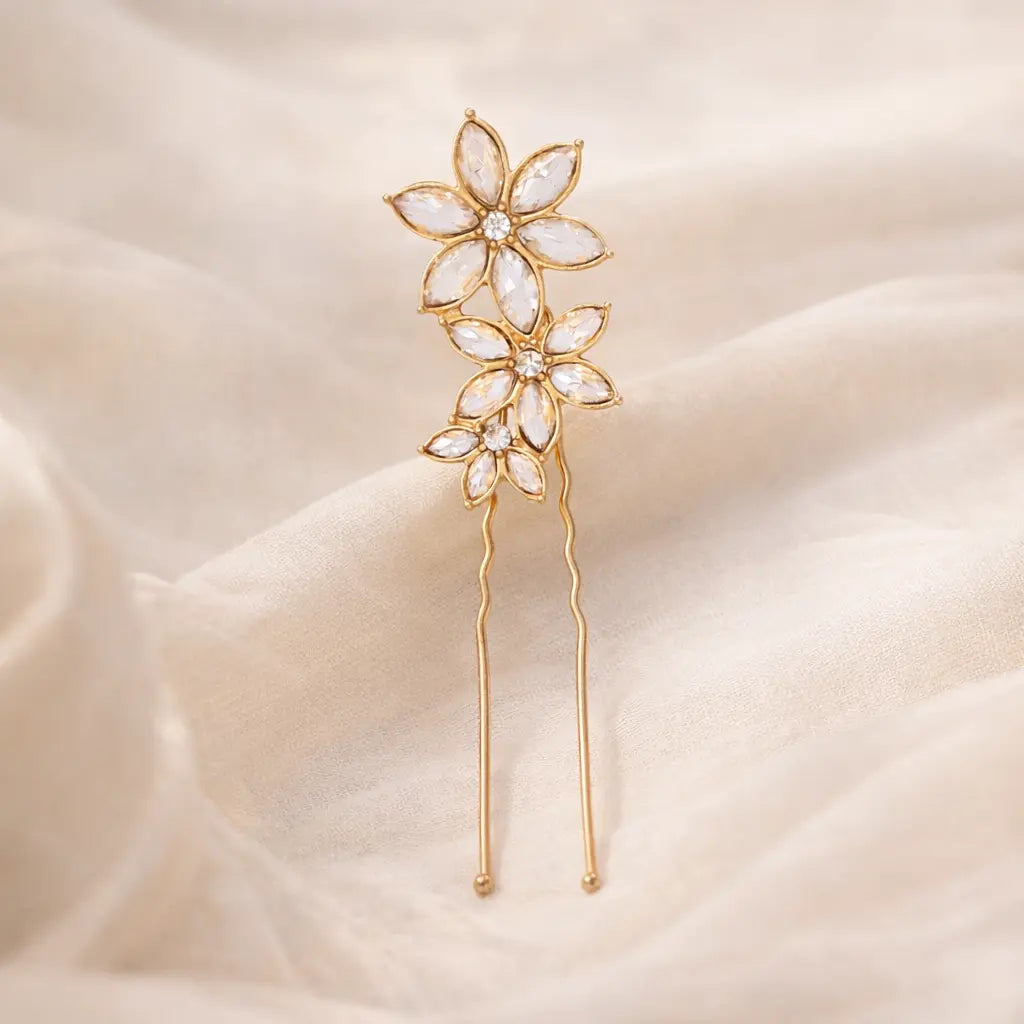 PIC À CHIGNON MARIÉE DORÉ FLEURS STRASS  —HA625405 ÉGLANTINE CRÉATIONS