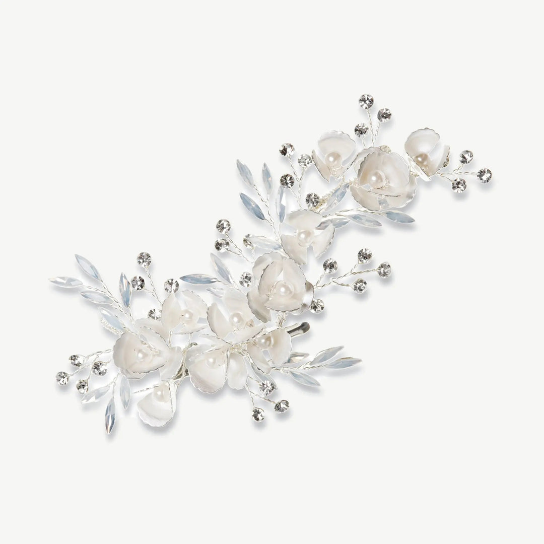 PINCE À CHEVEUX ARGENTÉE FORGET ME NOT – FLEURS ÉMAILLÉES ET CRISTAUX OPALESCENTS Ivory and co