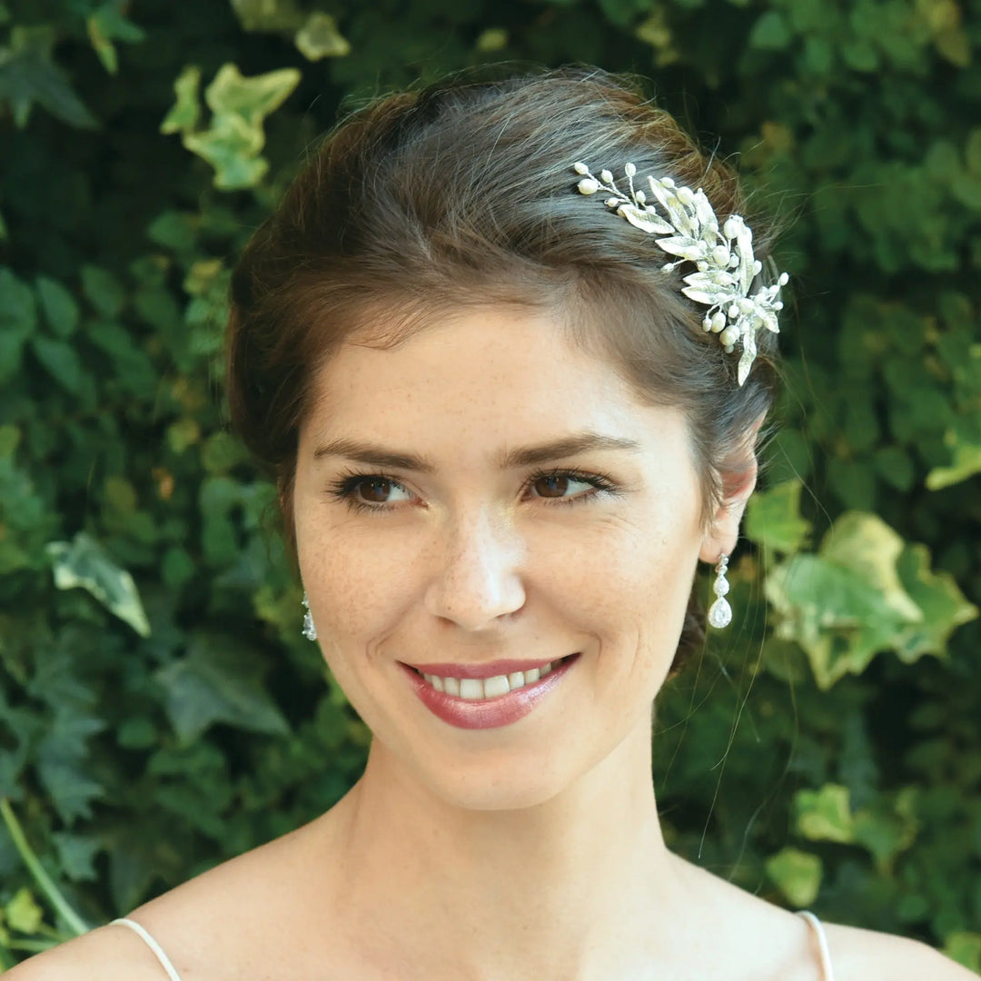 PINCE À CHEVEUX ASTER – FEUILLES DE SAULE ÉMAILLÉES ET PERLES D’EAU DOUCE Ivory and co