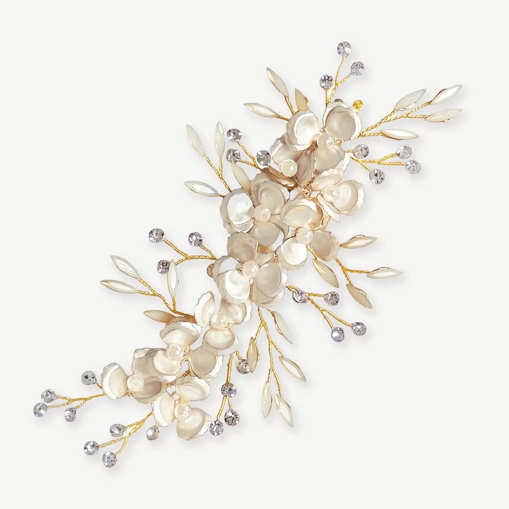 PINCE À CHEVEUX DORÉE BLEUET – FLEURS ÉMAILLÉES ET CRISTAUX OPALESCENTS Ivory and co