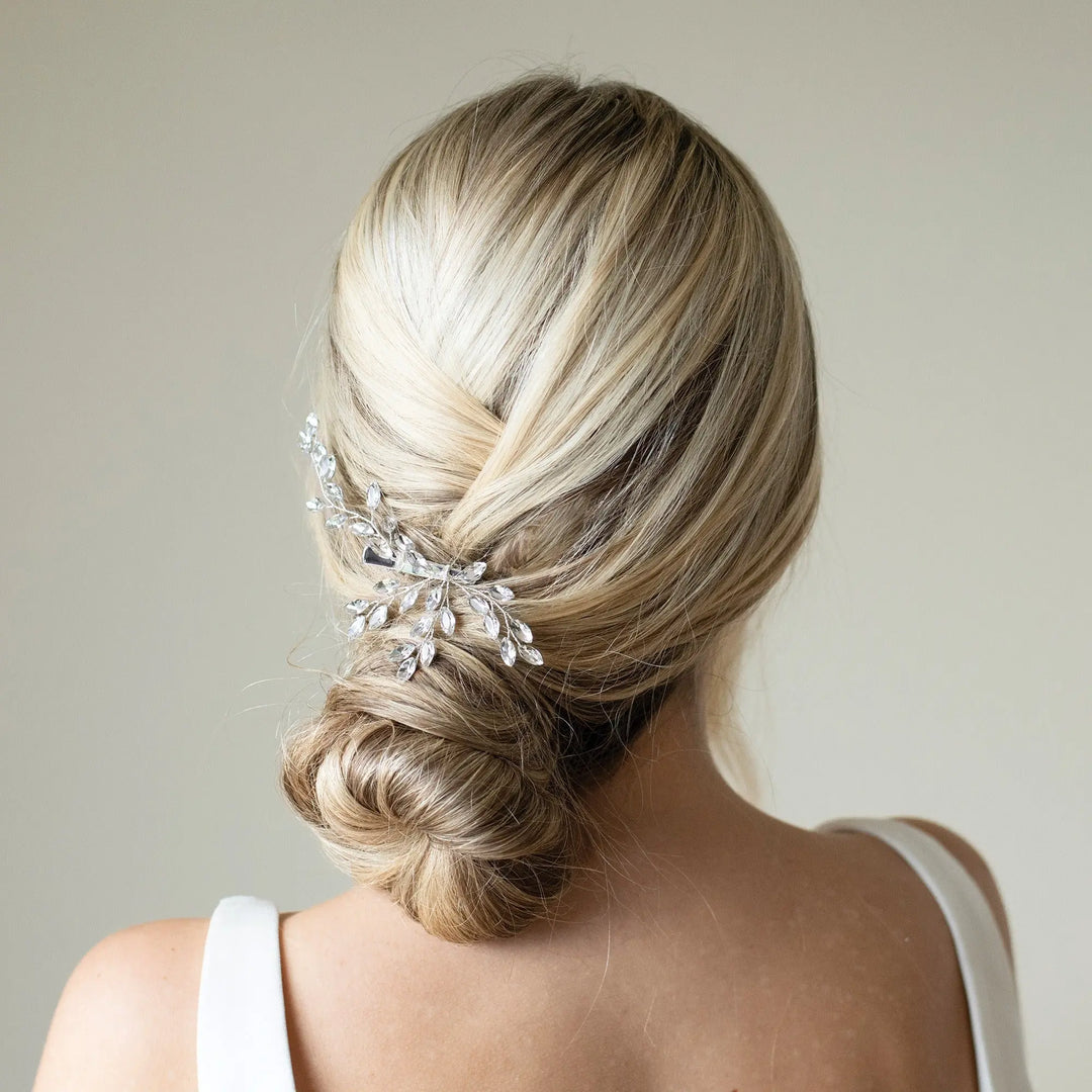 PINCE À CHEVEUX GLIMMER – CRISTAUX FEUILLAGE PLAQUÉ ARGENT, OR OU OR ROSE Ivory and co