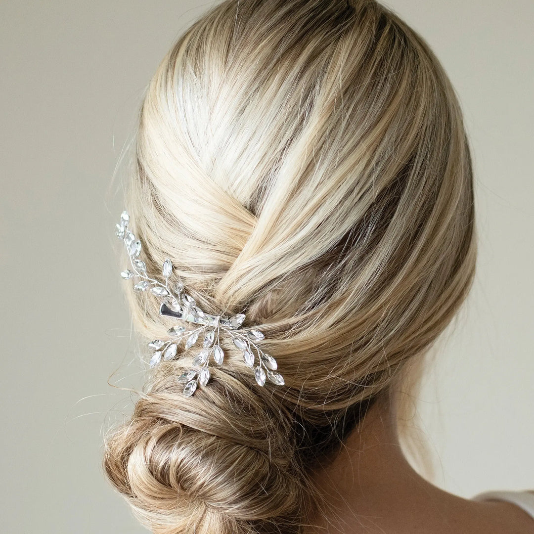 PINCE À CHEVEUX GLIMMER – CRISTAUX FEUILLAGE PLAQUÉ ARGENT, OR OU OR ROSE Ivory and co