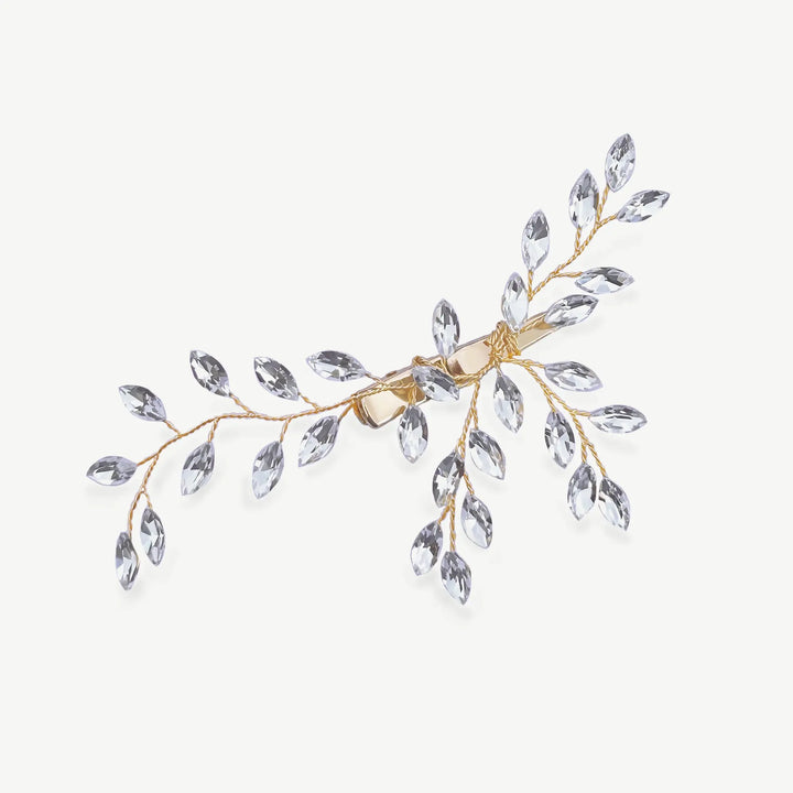 PINCE À CHEVEUX GLIMMER – CRISTAUX FEUILLAGE PLAQUÉ ARGENT, OR OU OR ROSE Ivory and co