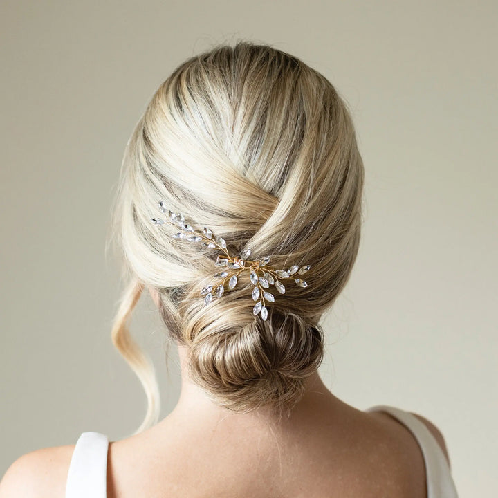 PINCE À CHEVEUX GLIMMER – CRISTAUX FEUILLAGE PLAQUÉ ARGENT, OR OU OR ROSE Ivory and co