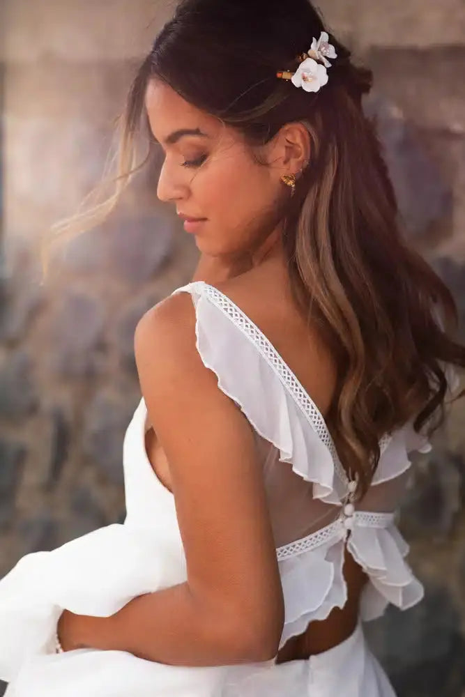 PINCE À CHEVEUX MARIÉE FEM – FLEURS CÉRAMIQUE, QUARTZ ROSE & PERLES (LOT DE 2) SallyJaneBridal