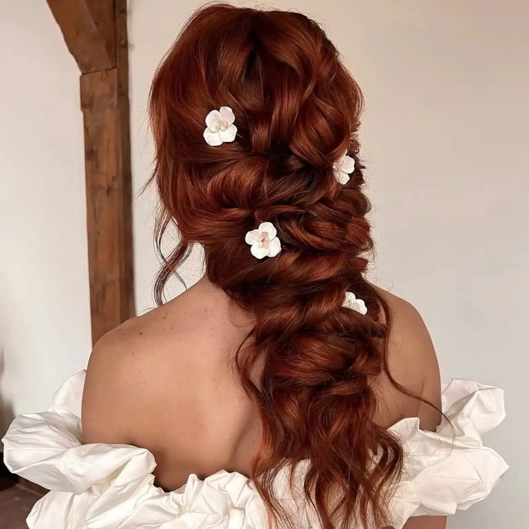 PINCE À CHEVEUX MARIÉE FEM – FLEURS CÉRAMIQUE, QUARTZ ROSE & PERLES (LOT DE 2) SallyJaneBridal