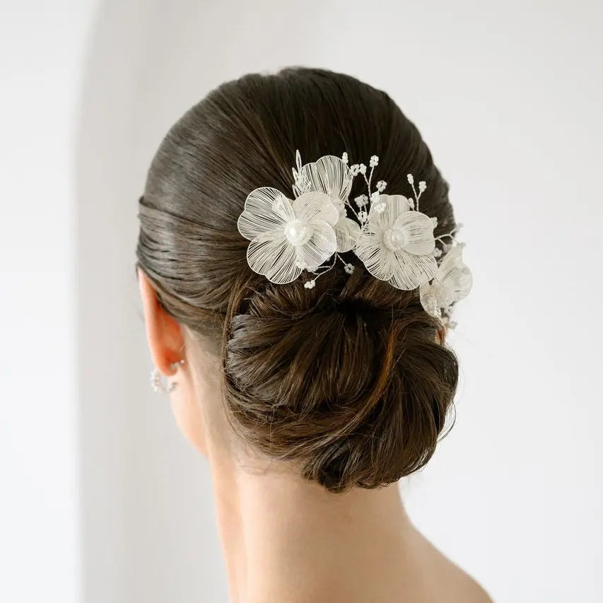 PINCE MARIAGE FLEURS 3D ET PERLES IVOIRE – PLAQUÉ ARGENT - HC1116S G.Westerleigh