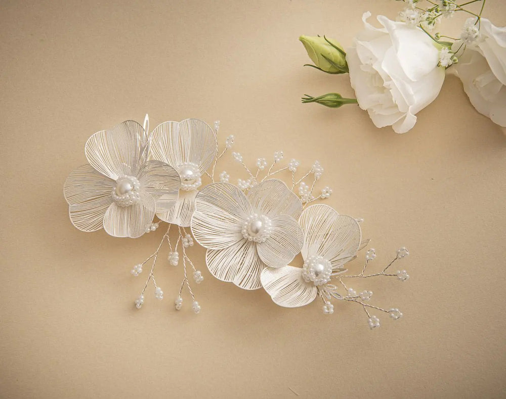 PINCE MARIAGE FLEURS 3D ET PERLES IVOIRE – PLAQUÉ ARGENT - HC1116S G.Westerleigh