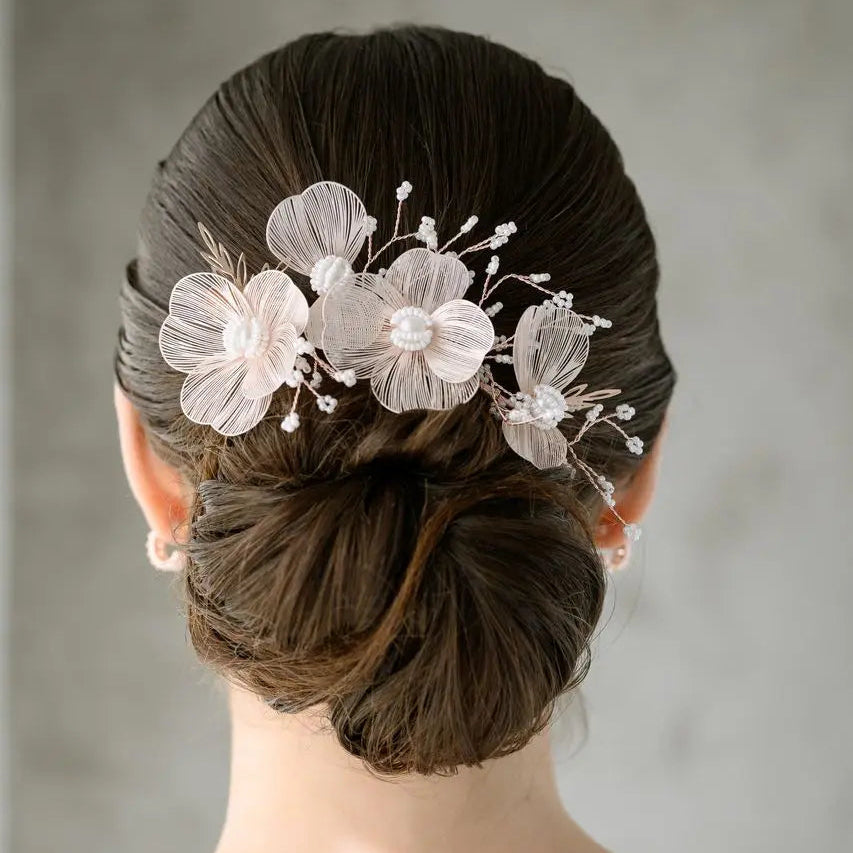 PINCE MARIAGE FLEURS 3D ET PERLES IVOIRE – PLAQUÉ OR ROSE G.Westerleigh