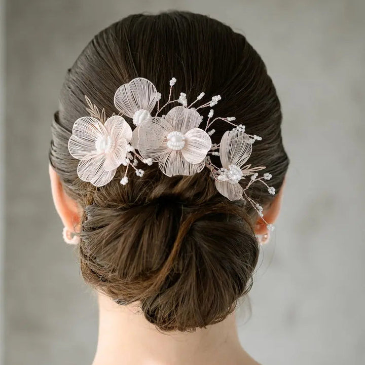 PINCE MARIAGE FLEURS 3D ET PERLES IVOIRE – PLAQUÉ OR ROSE G.Westerleigh