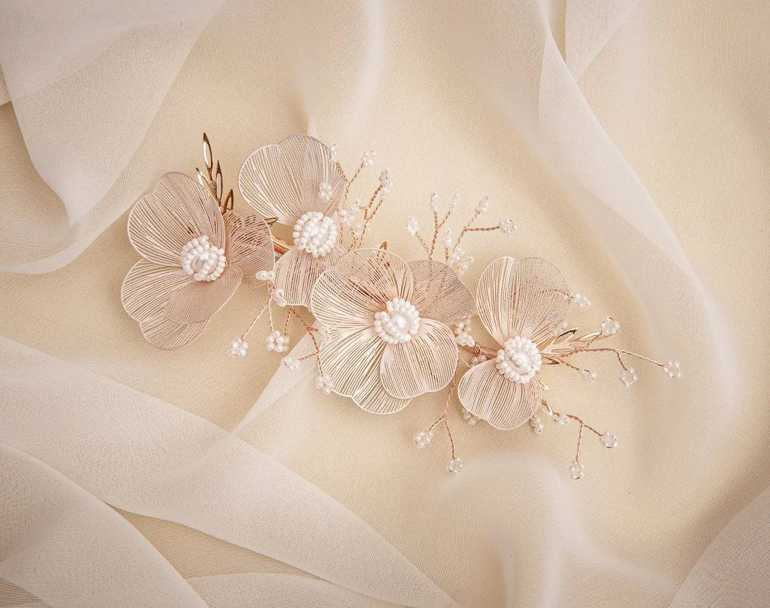PINCE MARIAGE FLEURS 3D ET PERLES IVOIRE – PLAQUÉ OR ROSE G.Westerleigh