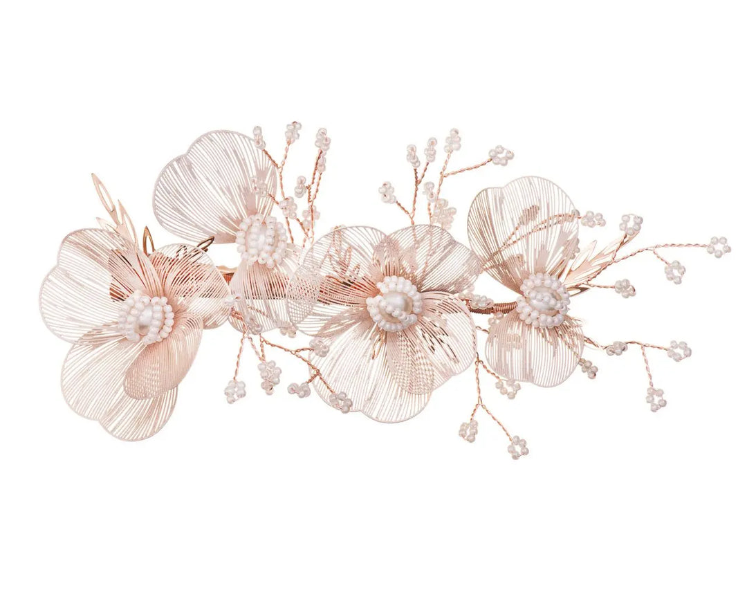 PINCE MARIAGE FLEURS 3D ET PERLES IVOIRE – PLAQUÉ OR ROSE G.Westerleigh