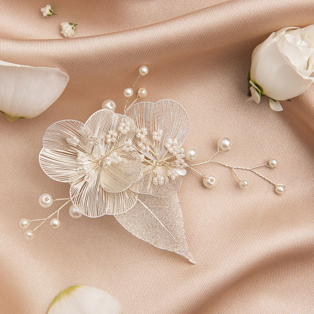 PINCE MARIAGE FLEURS FILIGRANE & PERLES IVOIRE – ARGENT HC1119 G.Westerleigh