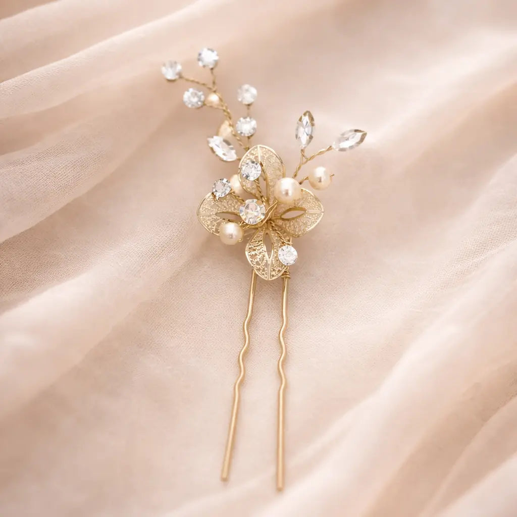 PINGLE CHEVEUX MARIÉE DORÉE FLEURS & CRISTAUX—  HA225422 ÉGLANTINE CRÉATIONS